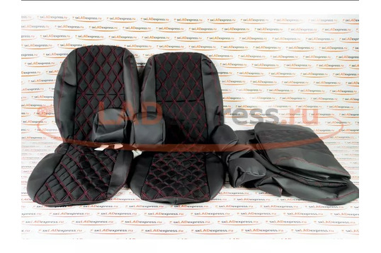 Обивка сидений (не чехлы) экокожа с тканью Полет (цветная строчка Ромб/Квадрат) под цельный задний ряд сидений на Лада Гранта FL_1