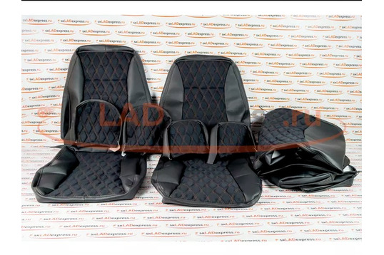 Обивка сидений (не чехлы) экокожа с алькантарой (цветная строчка Ромб/Квадрат) под цельный задний ряд сидений на Лада Гранта FL_1