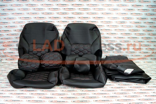 Обивка сидений (не чехлы) экокожа (центр с перфорацией) с цветной строчкой Соты под цельный задний ряд сидений на Лада Гранта FL_1