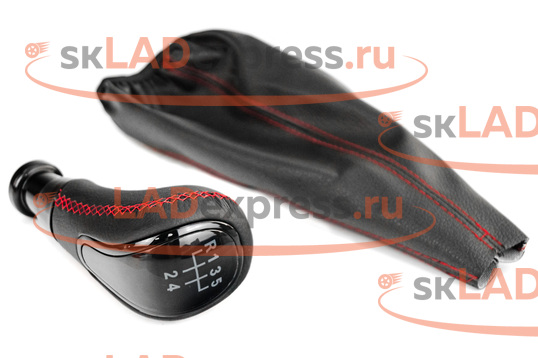 Ручка КПП с пыльником в стиле Vesta вставка черный лак, экокожа с красной прострочкой Sal-Man на ВАЗ 2108-21099_1