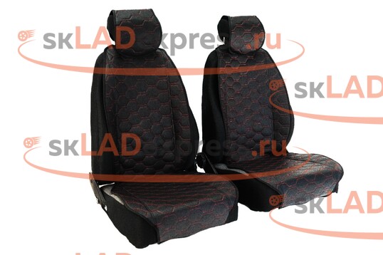 Защитные накидки передних сидений универсальные, перфорированная экокожа, одинарная цветная строчка Соты_1