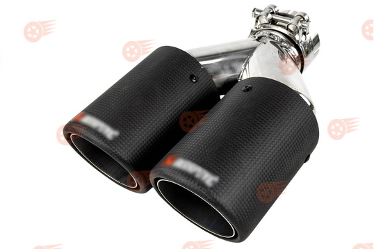 Насадка глушителя раздвоенная открытого типа со скосом, нержавеющая сталь, накладки матовый карбон_1