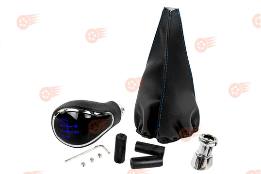 Ручка КПП хром, синяя подсветка Sal-Man с пыльником с синей строчкой на ВАЗ 2108, 2109, 21099_1