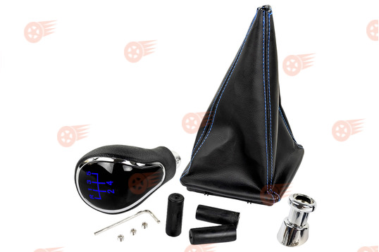 Ручка КПП хром, синяя подсветка Sal-Man с пыльником с синей строчкой на Лада Приора с кулисой (прямоугольный шток)_1