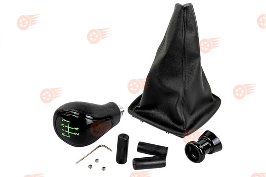 Ручка КПП черный лак, зеленая подсветка Sal-Man с пыльником на Лада Приора с кулисой (прямоугольный шток)_1