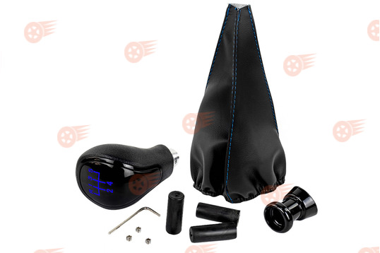 Ручка КПП черный лак, синяя подсветка Sal-Man с пыльником с синей строчкой на ВАЗ 2108, 2109, 21099_1