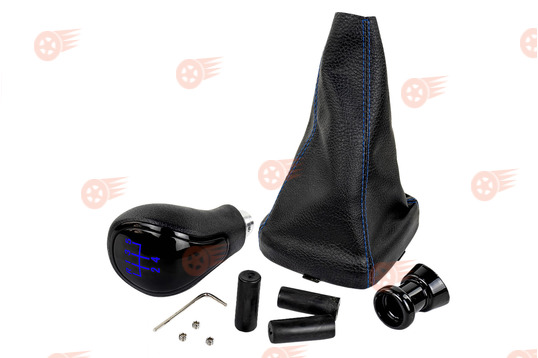 Ручка КПП черный лак, синяя подсветка Sal-Man с пыльником с синей строчкой на ВАЗ 2113, 2114, 2115_1