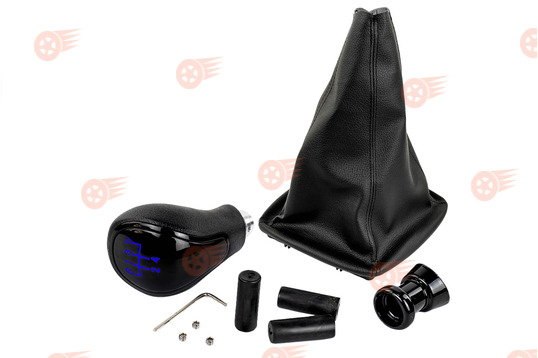 Ручка КПП черный лак, синяя подсветка Sal-Man с пыльником на Лада Приора с кулисой (прямоугольный шток)_1