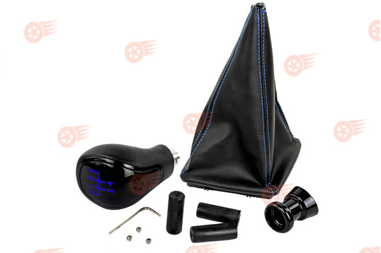 Ручка КПП черный лак, синяя подсветка Sal-Man с пыльником с синей строчкой на Лада Приора с кулисой (прямоугольный шток)_1