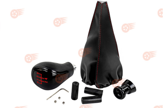 Ручка КПП черный лак, красная подсветка Sal-Man, с пыльником с красной строчкой на ВАЗ 2108, 2109, 21099_1