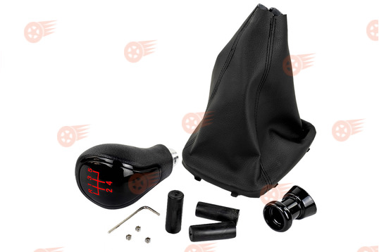 Ручка КПП черный лак, красная подсветка Sal-Man с пыльником на Лада Гранта с кулисой (прямоугольный шток)_1