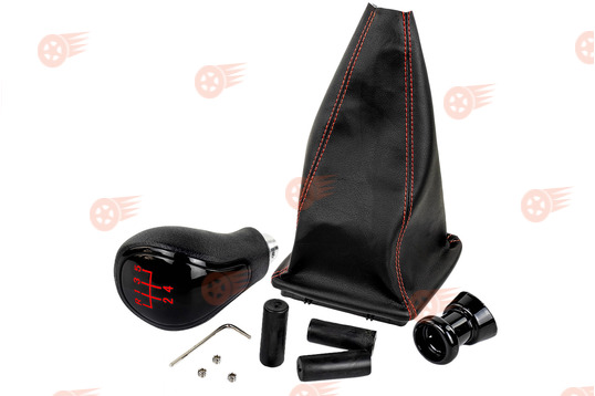 Ручка КПП черный лак, красная подсветка Sal-Man с пыльником с красной строчкой на Лада Приора с кулисой (прямоугольный шток)_1