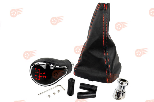 Ручка КПП хром, красная подсветка Sal-Man с пыльником с красной строчкой на ВАЗ 2113, 2114, 2115_1