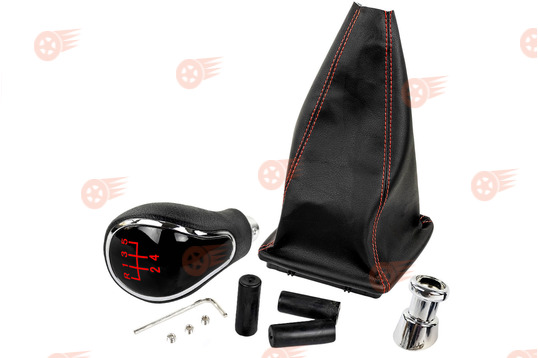 Ручка КПП хром, красная подсветка Sal-Man с пыльником с красной строчкой на Лада Приора с кулисой (прямоугольный шток)_1