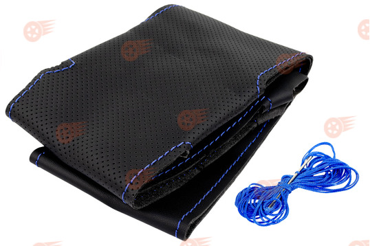 Оплетка руля с повторением анатомической формы, кожа, синяя строчка Sal-Man на Лада Калина 2, Гранта FL, Приора 2_1