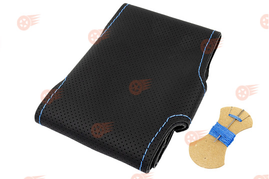 Оплетка руля без подушки безопасности с повторением анатомической формы, кожа, синяя строчка Sal-Man на Лада Калина, Шевроле Нива_1