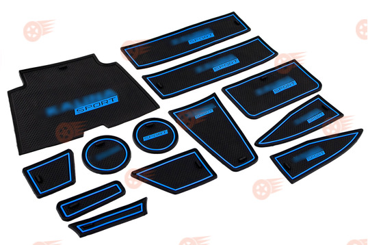 Комплект черно-синих силиконовых ковриков панели приборов и консоли на Лада Калина 2_1