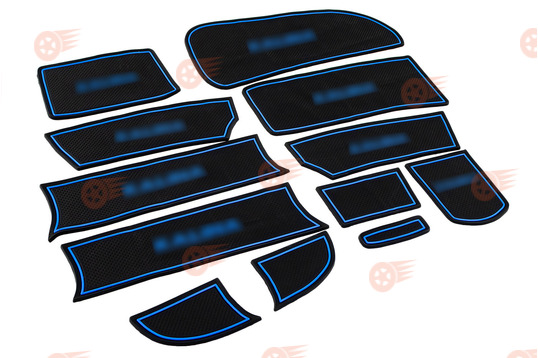 Комплект черно-синих силиконовых ковриков панели приборов и консоли на Лада Калина_1