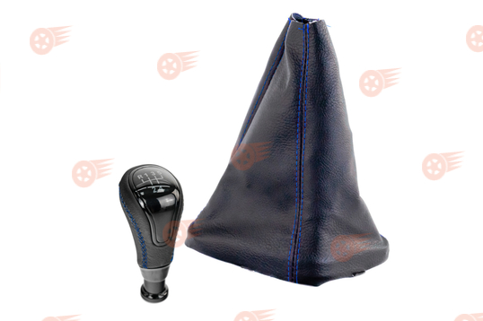 Ручка КПП в стиле Vesta с пыльником, черная вставка, экокожа, синяя строчка Sal-Man на ВАЗ 2110-2112 с кулисой_1