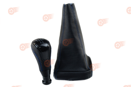 Ручка КПП в стиле Vesta с пыльником, синяя строчка, черная вставка Sal-Man на ВАЗ 2113-2115 с кулисой_1